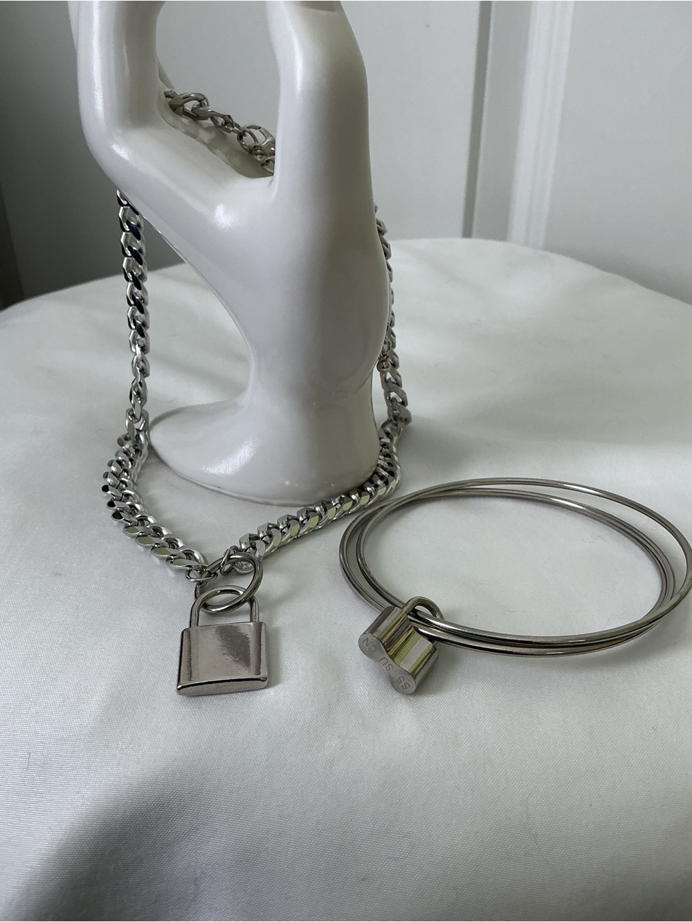 2-Piece Set Silver Padlock Necklace and Bangle Set Stainless Steel